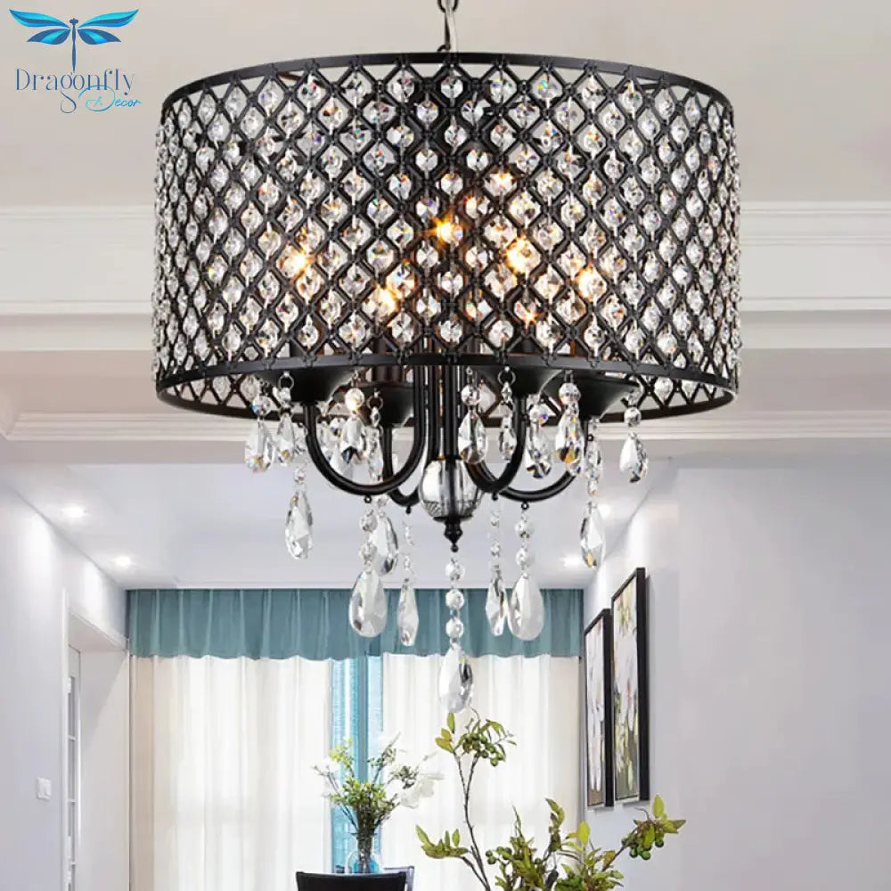 Vintage Style Black/Chrome Chandelier Lamp With Drum Shade 4 Lights Iron And Crystal Hanging Light