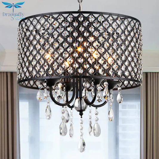 Vintage Style Black/Chrome Chandelier Lamp With Drum Shade 4 Lights Iron And Crystal Hanging Light