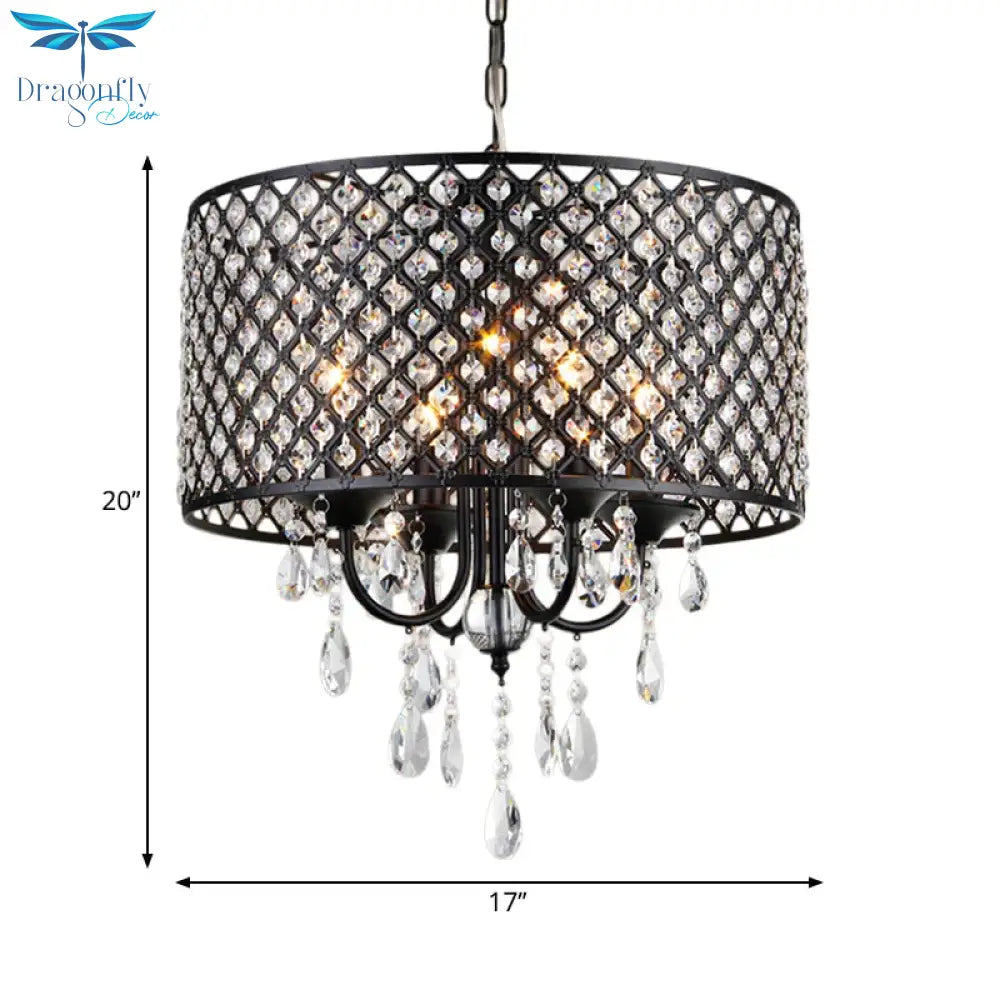 Vintage Style Black/Chrome Chandelier Lamp With Drum Shade 4 Lights Iron And Crystal Hanging Light