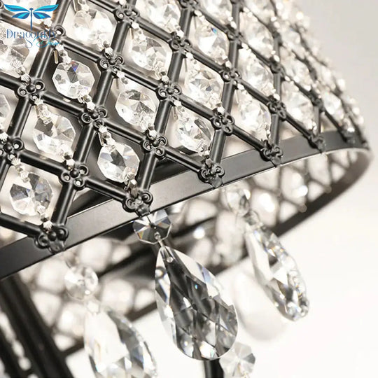 Vintage Style Black/Chrome Chandelier Lamp With Drum Shade 4 Lights Iron And Crystal Hanging Light