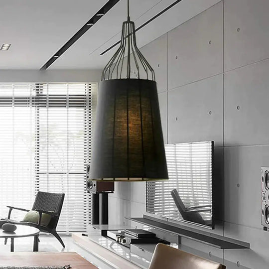 Vintage Tapered Ceiling Chandelier 3 Lights Fabric Suspension Light In Black/Coffee/Beige With Iron