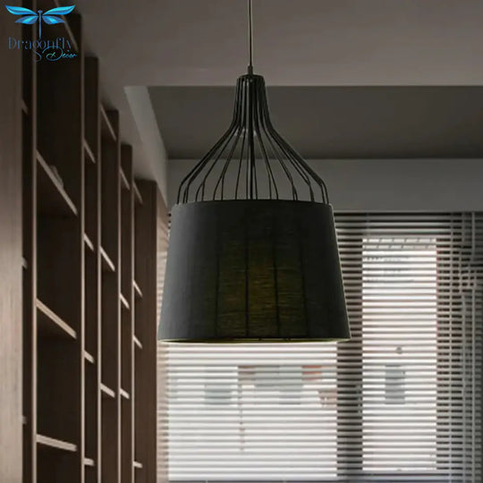 Vintage Tapered Ceiling Chandelier 3 Lights Fabric Suspension Light In Black/Coffee/Beige With Iron