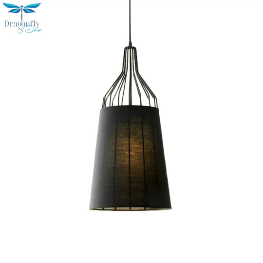 Vintage Tapered Ceiling Chandelier 3 Lights Fabric Suspension Light In Black/Coffee/Beige With Iron