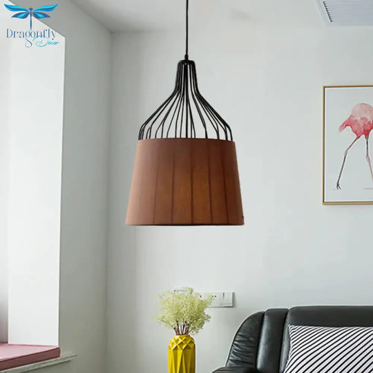 Vintage Tapered Ceiling Chandelier 3 Lights Fabric Suspension Light In Black/Coffee/Beige With Iron
