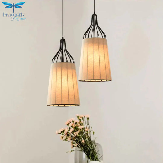 Vintage Tapered Ceiling Chandelier 3 Lights Fabric Suspension Light In Black/Coffee/Beige With Iron