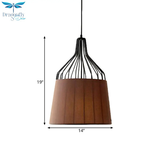 Vintage Tapered Ceiling Chandelier 3 Lights Fabric Suspension Light In Black/Coffee/Beige With Iron