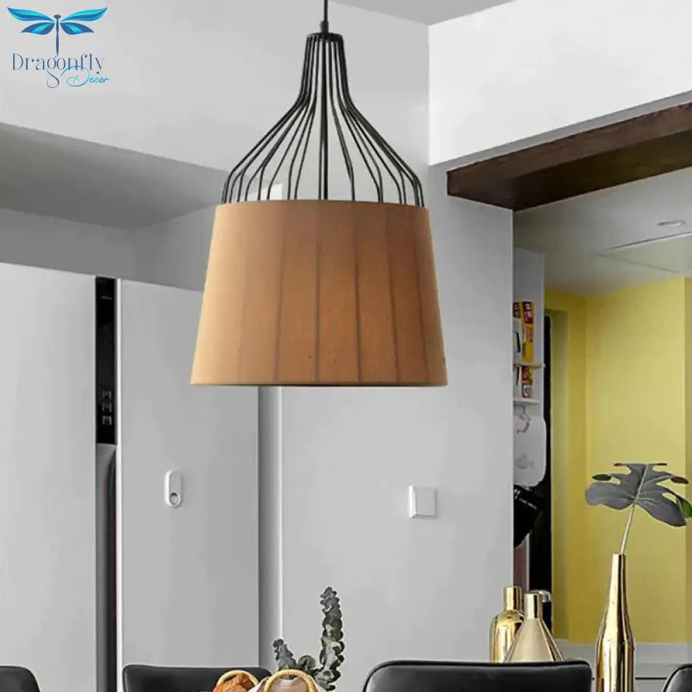 Vintage Tapered Ceiling Chandelier 3 Lights Fabric Suspension Light In Black/Coffee/Beige With Iron