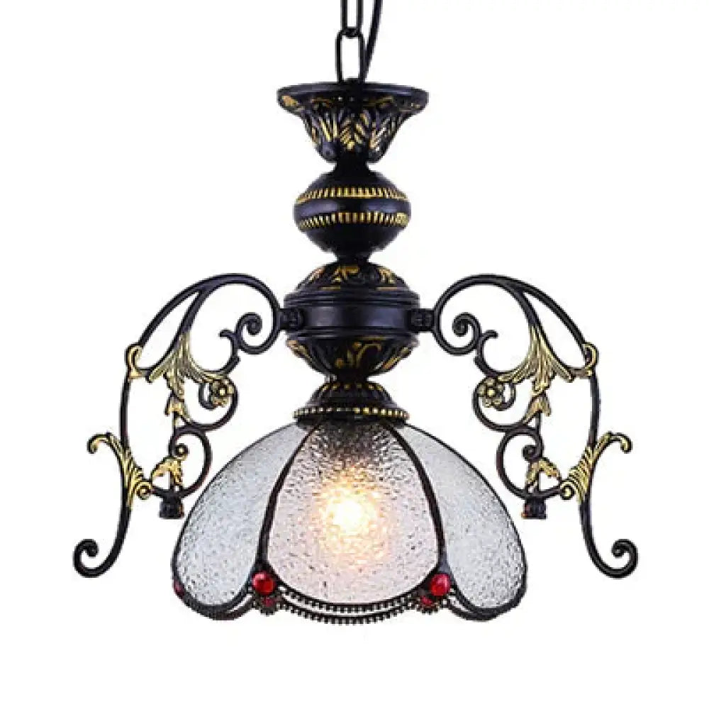 Vintage Tiffany Petal Pendant Lamp Black Finish 1 Light Stained Glass Foyer Hanging In Clear/Blue