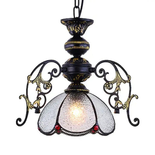 Vintage Tiffany Petal Pendant Lamp Black Finish 1 Light Stained Glass Foyer Hanging In Clear/Blue