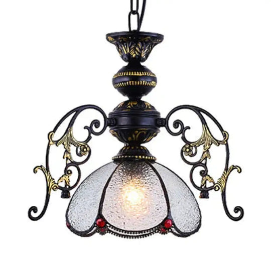 Vintage Tiffany Petal Pendant Lamp Black Finish 1 Light Stained Glass Foyer Hanging In Clear/Blue