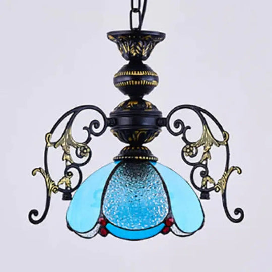 Vintage Tiffany Petal Pendant Lamp Black Finish 1 Light Stained Glass Foyer Hanging In Clear/Blue