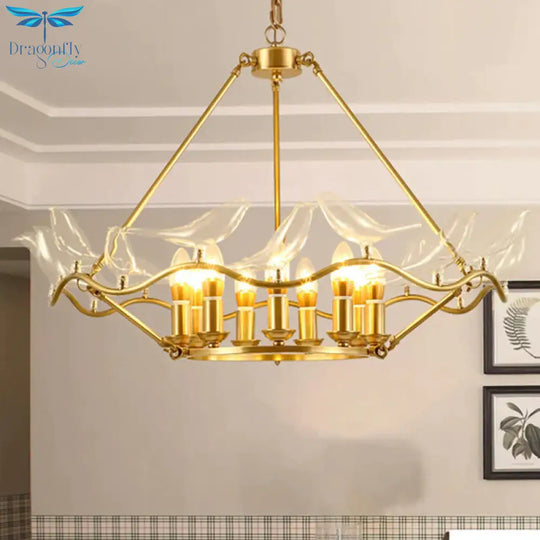 Wavy Ceiling Chandelier With Clear Crystal Bird Shade Mid Century 9 Lights Pendant Lighting In Brass