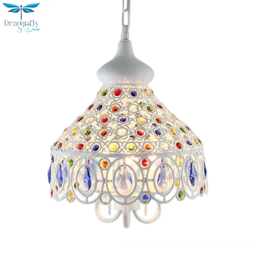White 3 Bulbs Chandelier Lamp Traditional Metal Hollow Hanging Ceiling Light For Living Room