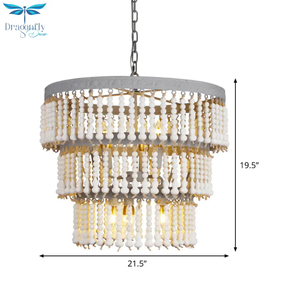 White 3 - Tier Ceiling Chandelier Modernism Wood 6 Heads Hanging Light Fixture With Adjustable Chain
