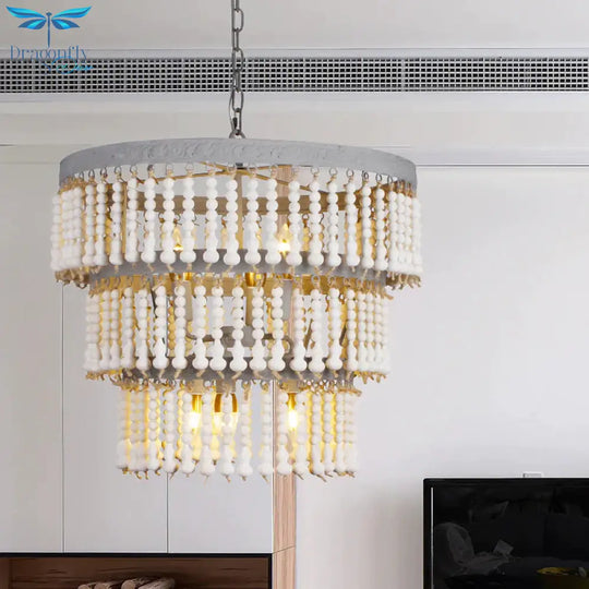 White 3 - Tier Ceiling Chandelier Modernism Wood 6 Heads Hanging Light Fixture With Adjustable Chain