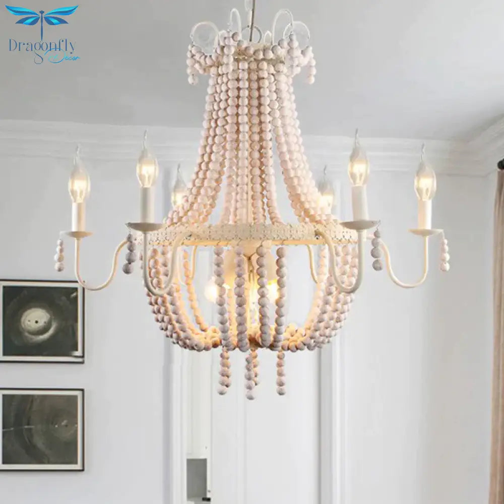 White 6/9 - Head Chandelier Light Transitional Wooden Beaded Basket Hanging Ceiling Pendant