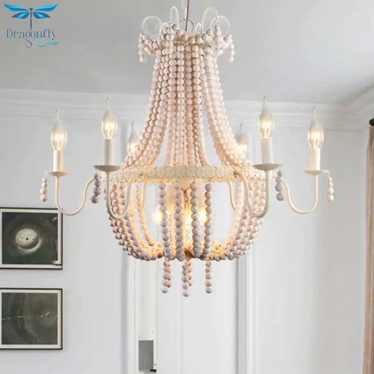 White 6/9 - Head Chandelier Light Transitional Wooden Beaded Basket Hanging Ceiling Pendant