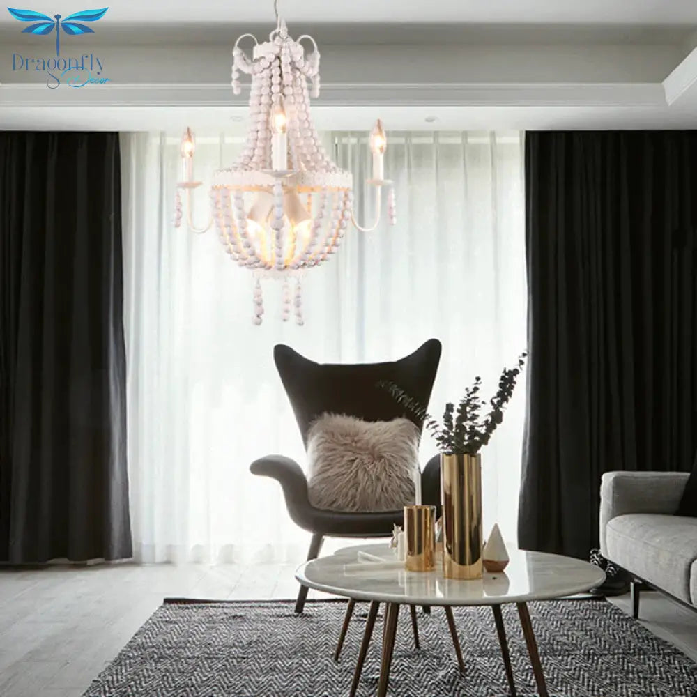 White 6/9 - Head Chandelier Light Transitional Wooden Beaded Basket Hanging Ceiling Pendant