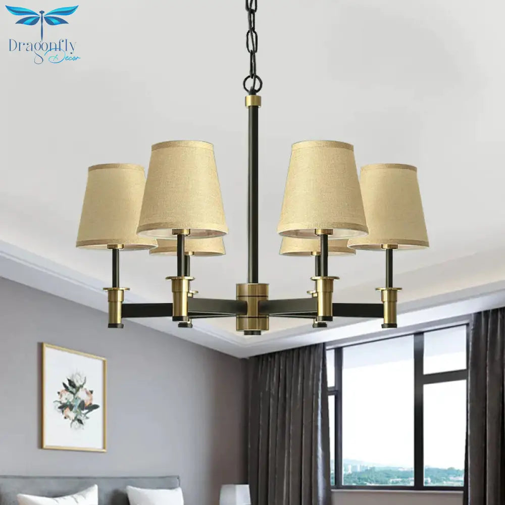 White/Beige 6 Bulbs Ceiling Chandelier Classic Fabric Cone Shade Suspension Pendant For Bedroom