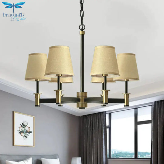White/Beige 6 Bulbs Ceiling Chandelier Classic Fabric Cone Shade Suspension Pendant For Bedroom