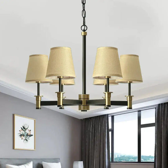 White/Beige 6 Bulbs Ceiling Chandelier Classic Fabric Cone Shade Suspension Pendant For Bedroom