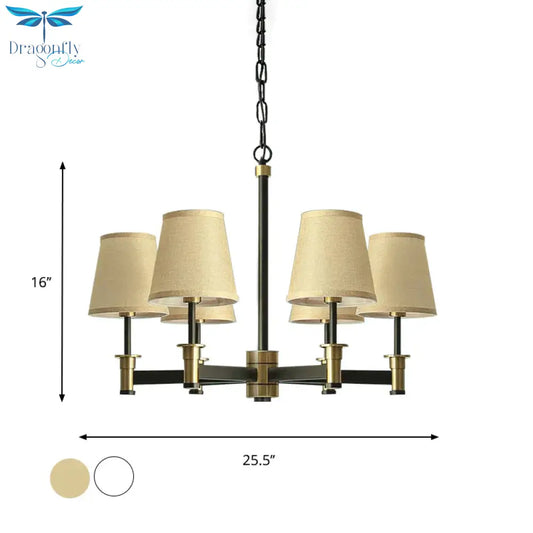 White/Beige 6 Bulbs Ceiling Chandelier Classic Fabric Cone Shade Suspension Pendant For Bedroom