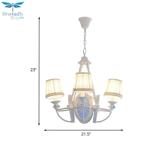 White Bucket Chandelier Lamp Mediterranean 4 Lights Fabric Drop Pendant With Oval Resin Design