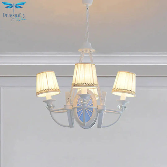White Bucket Chandelier Lamp Mediterranean 4 Lights Fabric Drop Pendant With Oval Resin Design