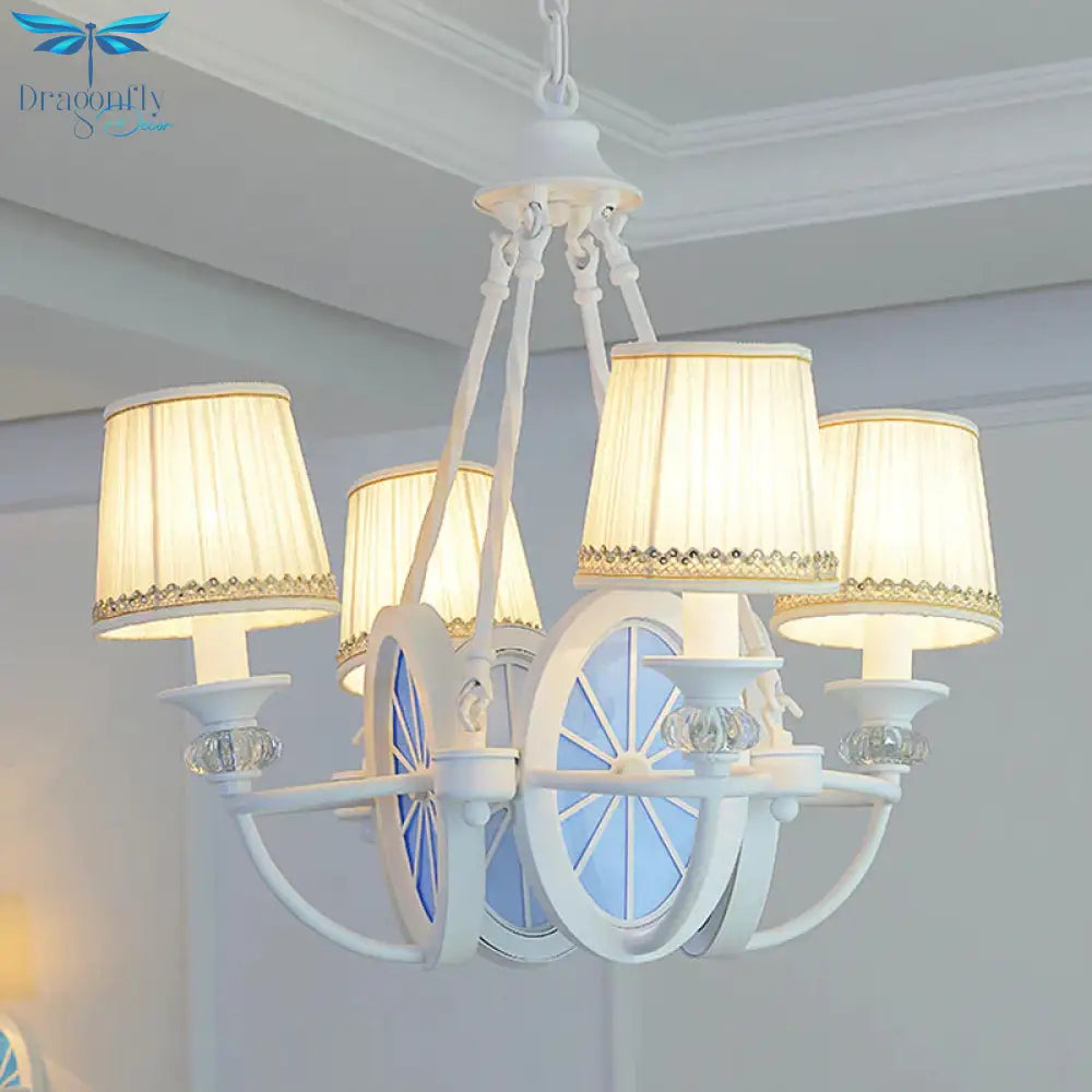 White Bucket Chandelier Lamp Mediterranean 4 Lights Fabric Drop Pendant With Oval Resin Design