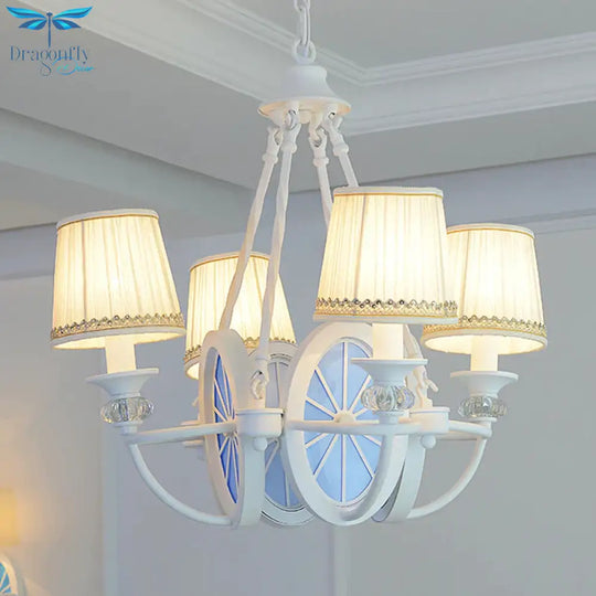 White Bucket Chandelier Lamp Mediterranean 4 Lights Fabric Drop Pendant With Oval Resin Design