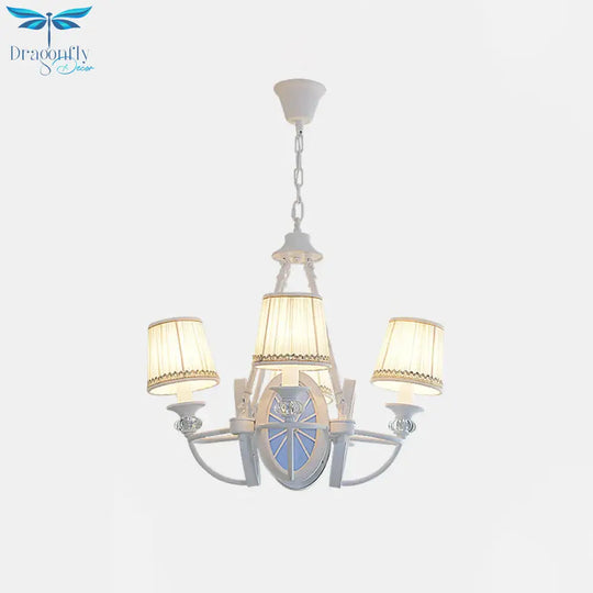 White Bucket Chandelier Lamp Mediterranean 4 Lights Fabric Drop Pendant With Oval Resin Design