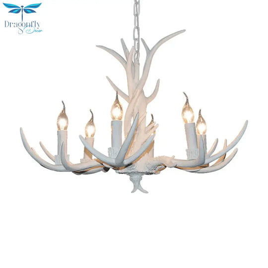 White Candle Chandelier Lighting Rural Resin 3/4/6 Bulbs Ceiling Pendant Lamp For Dining Room With
