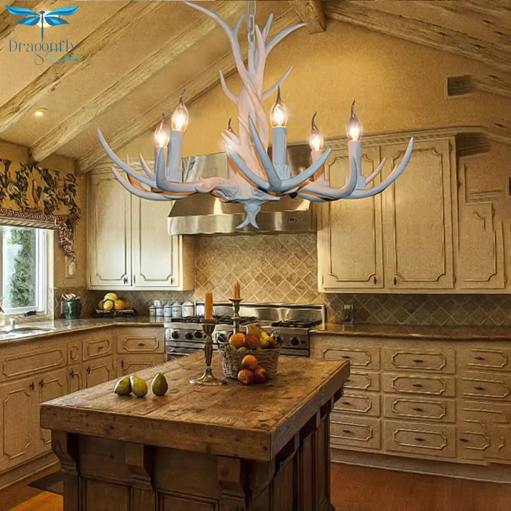 White Candle Chandelier Lighting Rural Resin 3/4/6 Bulbs Ceiling Pendant Lamp For Dining Room With