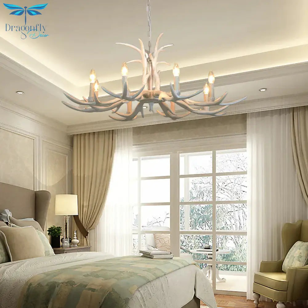 White Candle Shape Pendant Chandelier Rustic Resin 4/6/8 - Head Bedroom Hanging Ceiling Light