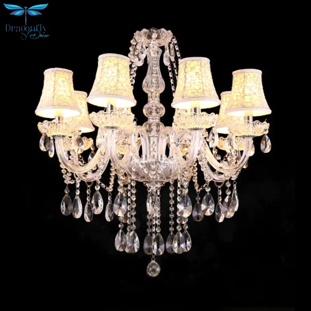 White Floral - Patterned Shade Chandelier Traditional Fabric 8 Heads Dinning Room Pendant With