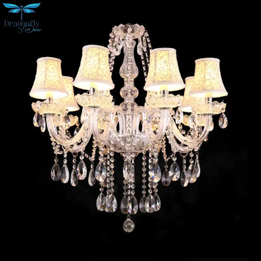 White Floral - Patterned Shade Chandelier Traditional Fabric 8 Heads Dinning Room Pendant With