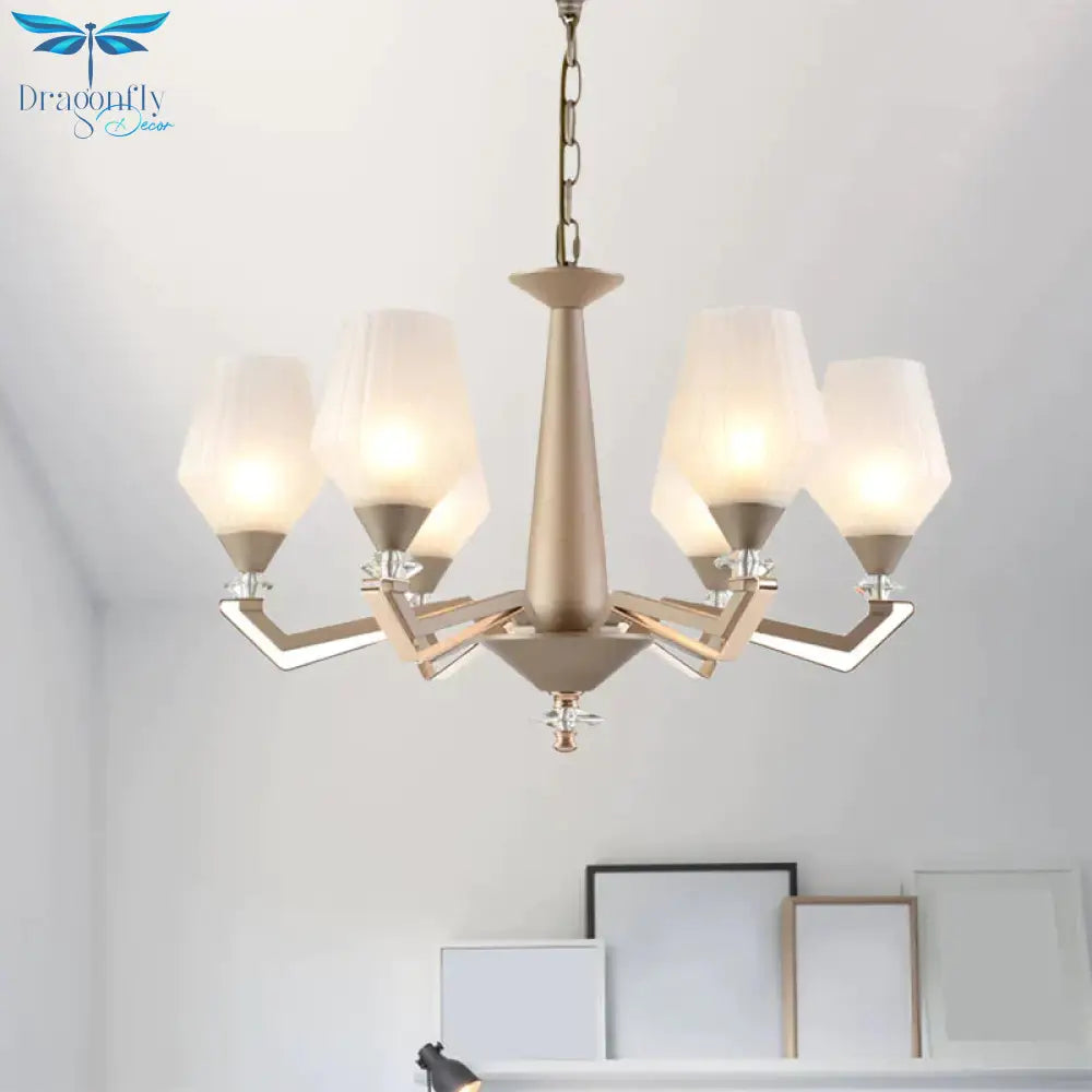 White Frosted Glass Cup Shape Chandelier Traditional 3/6 Bulbs Bedroom Pendulum Light In Gold