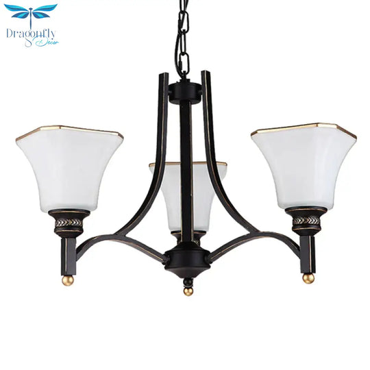 White Glass Bell Hanging Chandelier Traditional 3/6 Lights Living Room Pendant Light In Black