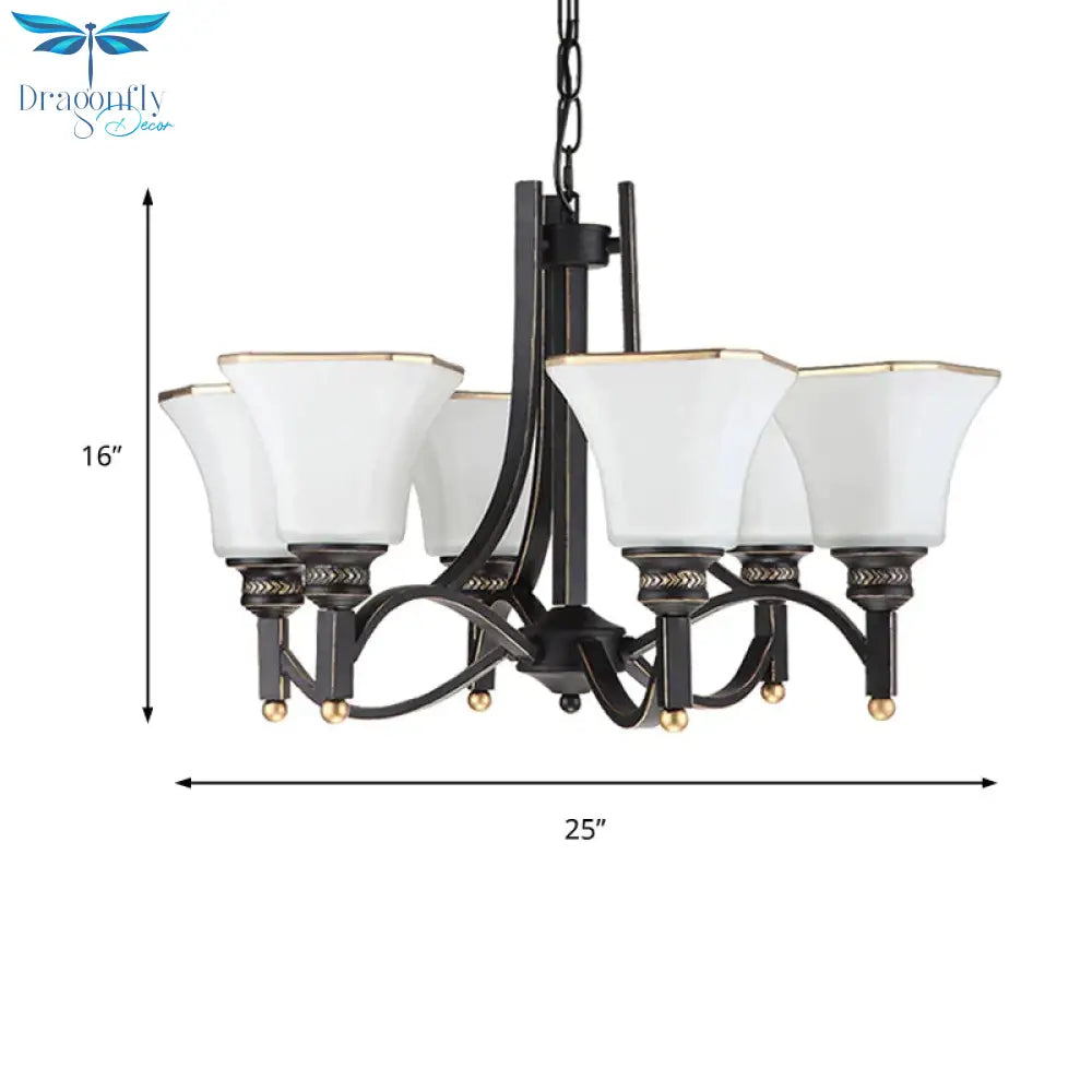 White Glass Bell Hanging Chandelier Traditional 3/6 Lights Living Room Pendant Light In Black
