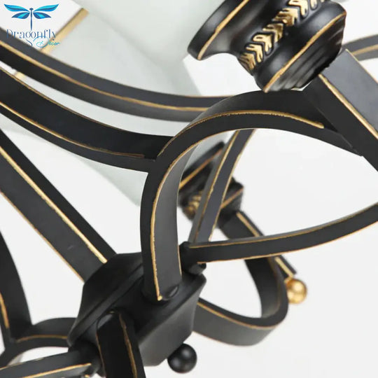 White Glass Bell Hanging Chandelier Traditional 3/6 Lights Living Room Pendant Light In Black