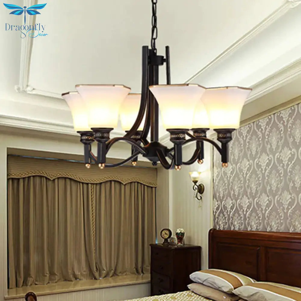 White Glass Bell Hanging Chandelier Traditional 3/6 Lights Living Room Pendant Light In Black