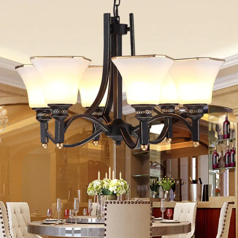 White Glass Bell Hanging Chandelier Traditional 3/6 Lights Living Room Pendant Light In Black 6 /