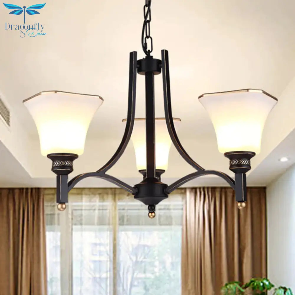 White Glass Bell Hanging Chandelier Traditional 3/6 Lights Living Room Pendant Light In Black
