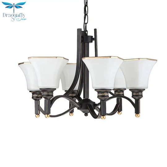 White Glass Bell Hanging Chandelier Traditional 3/6 Lights Living Room Pendant Light In Black