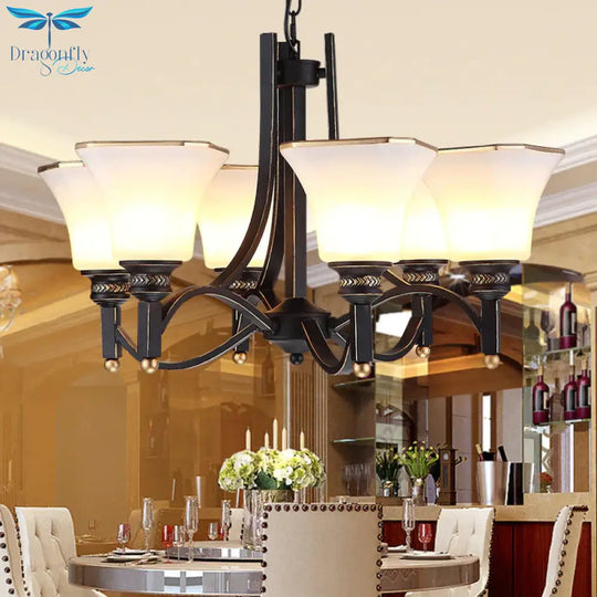 White Glass Bell Hanging Chandelier Traditional 3/6 Lights Living Room Pendant Light In Black