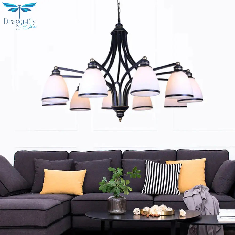 White Glass Black Pendant Lamp Tapered 10 Lights Traditional Chandelier Light Fixture For Living