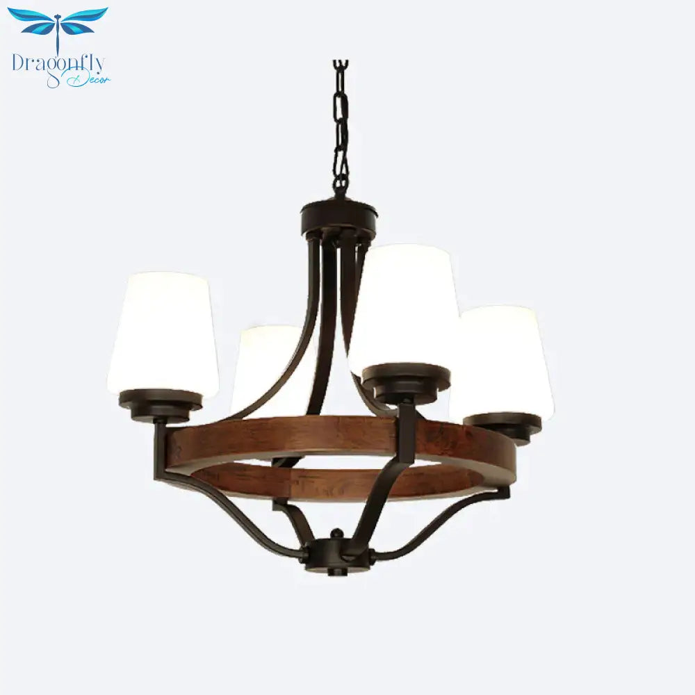 White Glass Cone Ceiling Light Fixture Rustic 4 Lights Dining Chandelier With Wooden Ring In Black