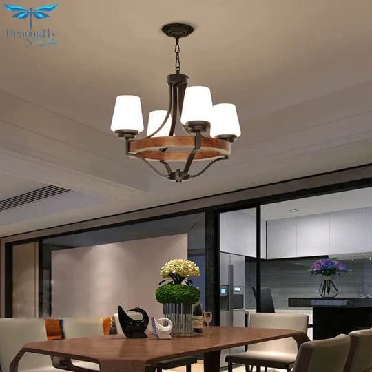 White Glass Cone Ceiling Light Fixture Rustic 4 Lights Dining Chandelier With Wooden Ring In Black