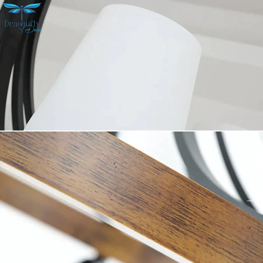 White Glass Cone Ceiling Light Fixture Rustic 4 Lights Dining Chandelier With Wooden Ring In Black