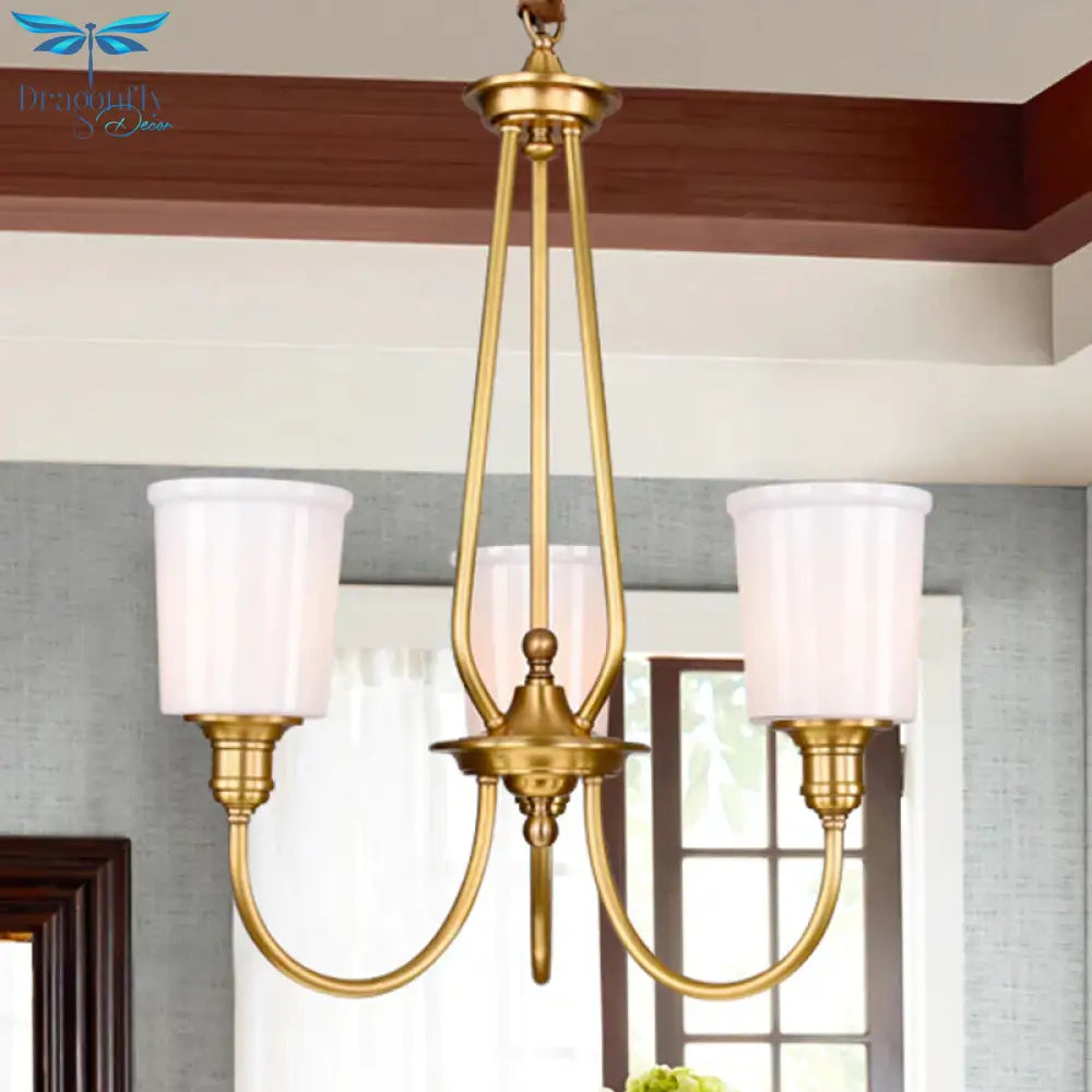 White Glass Cylinder Chandelier Light Colonialism 3/5 Lights Bedroom Pendant Lighting Fixture In